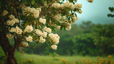 White Flowered Tree Standing in Peaceful Field of Greenの素材