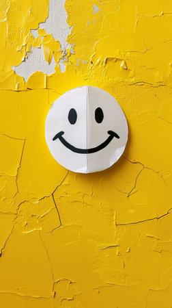 Smiley Face on Yellow Wall, a Simple and Cheerful Paper Decorationの素材