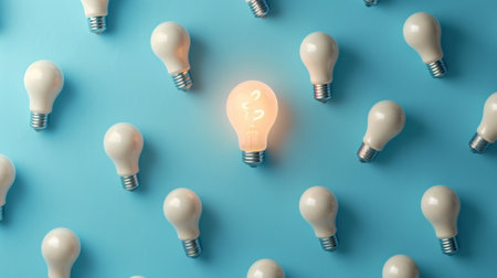 Group of Light Bulbs on Blue Surface, Bright Illumination and Energy Efficiencyの素材