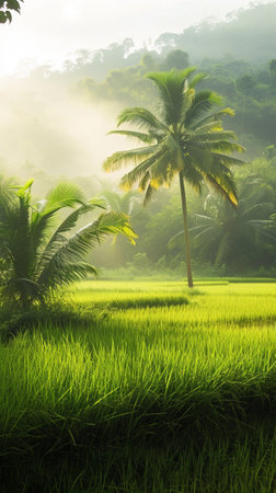 Lush Green Field With Palm Trees in the Backgroundの素材