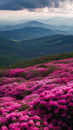 Pink Flowers Field With Background Mountainsの素材