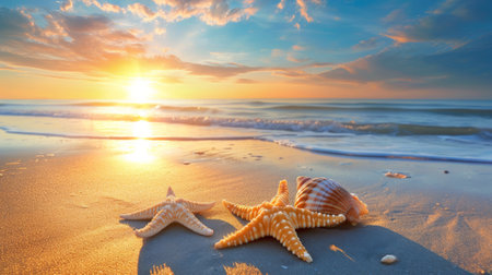Two Starfish on Beach With Sunsetの素材