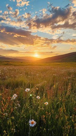 Scenic Field of Grass With Setting Sunの素材