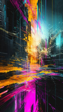 Digital Painting of a Busy City Illuminated at Nightの素材