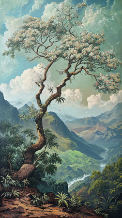 Painting of a Tree in a Mountainous Landscapeの素材