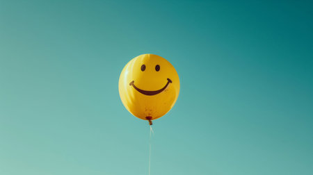 Smiley Face Balloon Floating in the Air at the Parkの素材