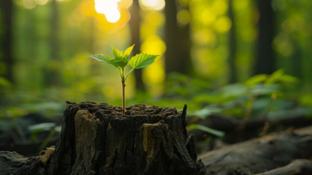 Green Plant Emerging From Tree Stump in Forestの素材
