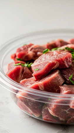 Glass Bowl Filled With Raw Meat on Tableの素材