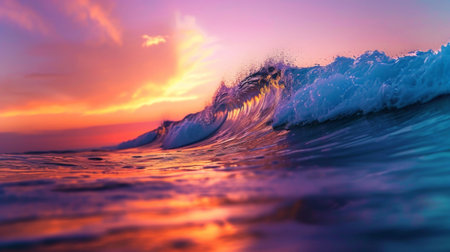 A Majestic Wave Crashing in the Ocean at Sunsetの素材