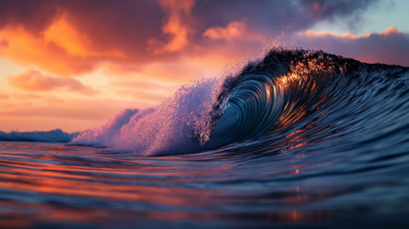 Majestic Wave Breaking in Front of a Vibrant Sunsetの素材