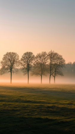 Misty Field With Trees in the Distanceの素材