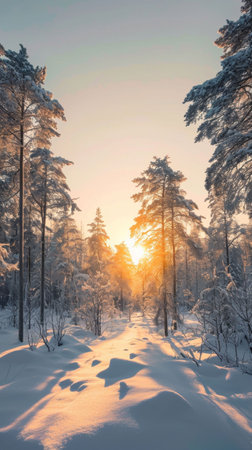 Sunlight Filters Through Snow-Covered Trees.の素材