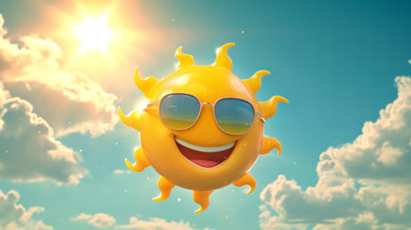 Smiling Cartoon Sun With Sunglasses Against a Blue Sky With Fluffy Cloudsの素材