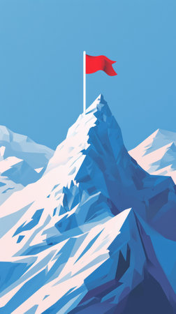Red Flag Fluttering on Snowy Mountain Summitの素材