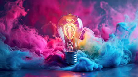 Colorful Smoke Surrounds a Glowing Light Bulbの素材