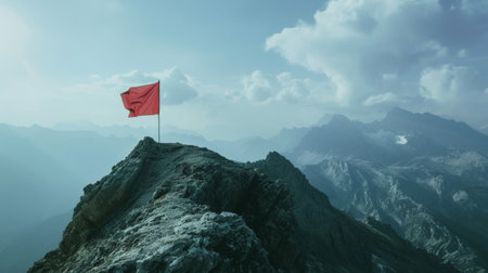 Red Flag Flies Atop Majestic Mountain Peakの素材