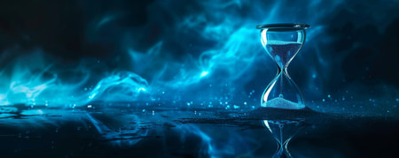 Hourglass with flowing sand on blue smoke backgroundの素材