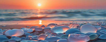 Sunset over sea with jellyfish stranded on beachの素材