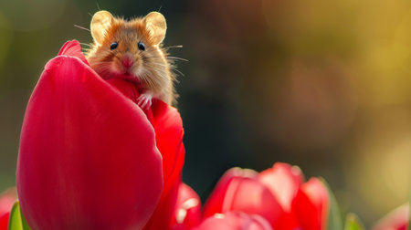 Mouse peeking out of a red tulipの素材