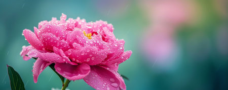 Close-up of a pink peony with water dropletsの素材