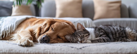 Golden retriever and tabby cat sleeping together on the bedの素材