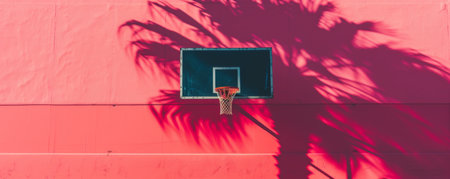 Basketball hoop against a pink wall with palm tree shadowの素材