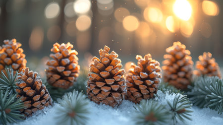 Pine cones covered in frost with warm sunset backlightの素材