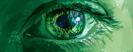 Close-up illustration of a vibrant green human eyeの素材