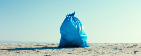 Blue Plastic Bag on Sandy Beach - Environmental Pollutionの素材