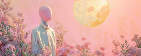Surreal portrait with a balloon head in a floral landscapeの素材