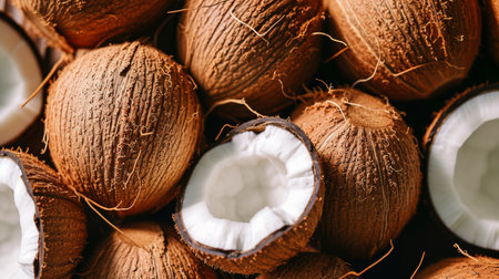 Close-up of whole and halved coconutsの素材