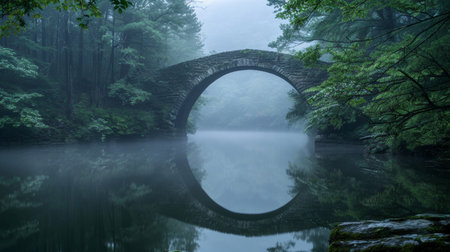 Misty stone bridge over tranquil forest river reflectionの素材