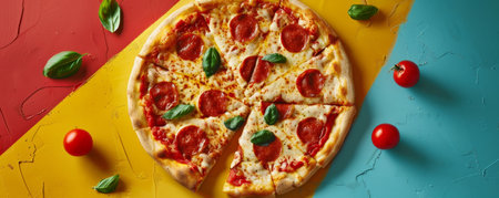 Pepperoni pizza with fresh basil on colorful backgroundの素材