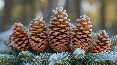 Frost-covered pine cones on spruce branchesの素材