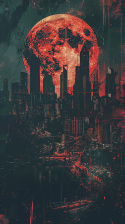 Red moon over dystopian cityscapeの素材