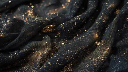 Close-up of dark elegant fabric with sparkling golden dotsの素材