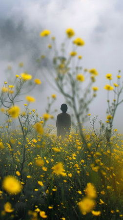 Person standing in a field of yellow flowers on a foggy dayの素材