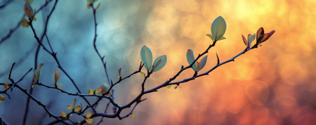Tree branch with fresh leaves against a colorful bokeh backgroundの素材