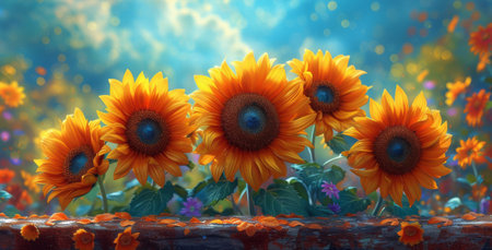Sunflower Glory on Vintage Blue Wall - Floral Eleganceの素材