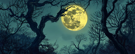 Full moon illuminating a spooky forest at nightの素材