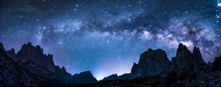 Starry night sky over mountain landscapeの素材