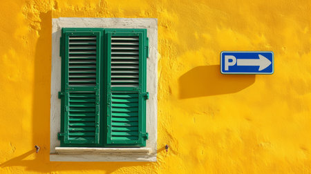 Green window shutters on yellow wall with parking signの素材