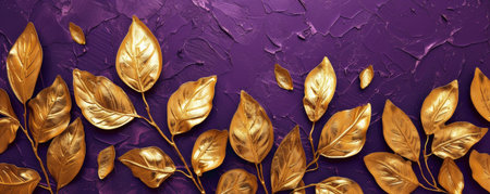 Golden leaves on a purple textured backgroundの素材