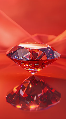 Large red gemstone on reflective red surfaceの素材