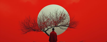 Silhouette of a person under a barren tree against a large white moon and red skyの素材