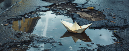 Paper boat in a puddle on a damaged asphalt roadの素材