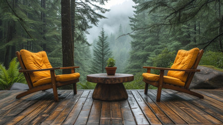 Cozy wooden deck with comfortable yellow chairs overlooking a misty forestの素材