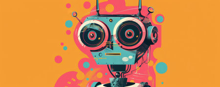 Colorful robot with retro design on an orange backgroundの素材