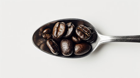 Coffee beans in a spoon on white backgroundの素材