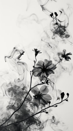Monochrome image of ethereal flowers with smoke-like effectsの素材